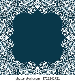 Dark blue background with white floral pattern. Frame for text with flowers design