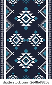 Fundo azul escuro e padrão branco ameríndio, projeto navajo. Ornamento nativo americano. Abstrato geométrico fundo tradicional ética para decoração, roupas, tecido, têxtil, moda.