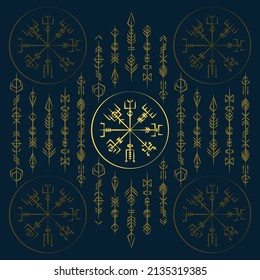 Dark blue background  with yellow abstract viking symbols. Ancient nordic mystic runes signs set
