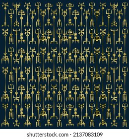 Dark blue background  with yellow abstract viking symbols. Ancient nordic mystic runes signs set
