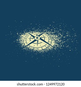 Dark blue background with yellow ink blot splash and compass silhouette
