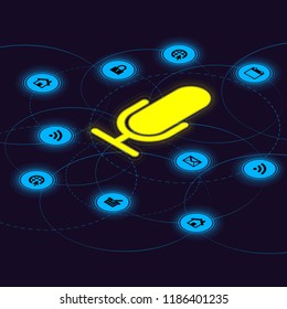 Dark blue background with yellow microphone and different icons
