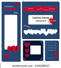 Dark blue backround and red hearts - set Header or Banner set for Happy Valentine s Day celebration. decoration magazine, cover web, flyer print, Social Media Post.