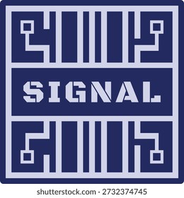 Dark blue badge with maze like lines and the word signal in bold centered type