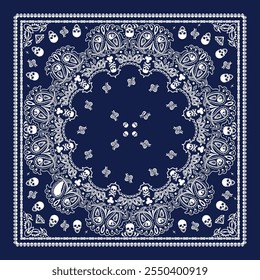 Dunkelblaues Bandana-Muster mit Totenkopf und Paisley Vectör.