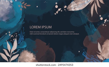Dark blue banner decorated with abstract leaves with space for text. Vector background for banner, poster, web