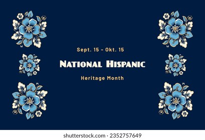 Dark blue banner with mandala flowers celebrating Sept. 15 - Okt. 15 National Hispanic Heritage Month