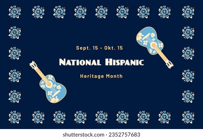 Dark blue banner with mandala flowers and guitars celebrating Sept. 15 - Okt. 15 National Hispanic Heritage Month