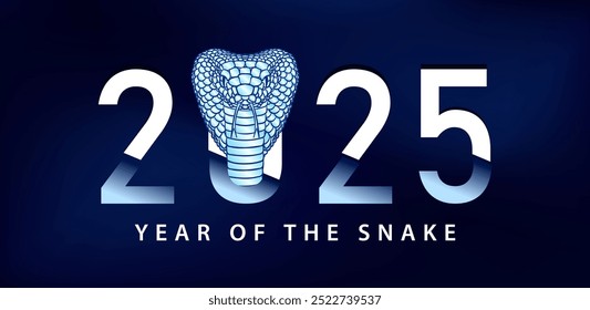 Dark blue banner for New Year or Christmas, celebrating the Year of the Snake. Greeting card with 2025 sliced text and silver linear head of King Cobra snake (Chinese horoscope sign)