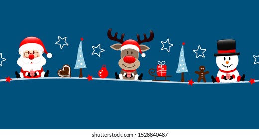 Dark Blue Banner Santa Reindeer And Snowman With Icons