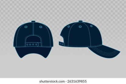 Dark blue baseball cap with adjustable strap, shown in rear and side views. Great for team sports designs, streetwear brands, and promotional merchandise. Clean outlined vector style.