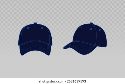 Dark blue baseball cap shown in front and side views, perfect for sportswear designs, team merchandise, and streetwear branding. Clean vector outlines for easy customization.