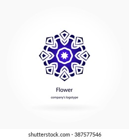 Dark blue beautiful circular logo for boutique, flower shop, business, interior. Company mark, emblem, element. Simple geometric mandala logotype. Kaleidoscope big bud. Surround abstract blossom.