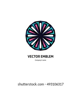 Dark blue beautiful circular logo for boutique, flower shop, business. Company mark, emblem, element. Simple geometric mandala logotype. Kaleidoscope big bud. Surround abstract blossom.