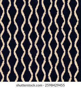 Dark blue and beige textile pattern with white lines, small symmetrical wavy shapes, grunge lines ikat pattern, striped seamless pattern, Vector illustration background for print the paper.