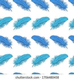 Dark blue and blue bird feathers laid out on a white background. Separate beautiful details in the form of ketch. Seamless vector pattern.