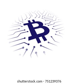Dark blue bitcoin symbol with electrical circuit isolated on white