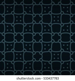 Dark blue, black decorative seamless pattern background in net
 style. Plain puzzle repeatable backdrop.