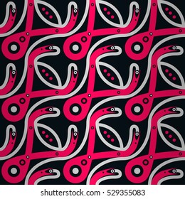 Dark blue, black fancy seamless pattern background in alien style. Colored, contrast design for packing-paper, curtain, fabric or other purpose. Smooth puzzle repeatable backdrop. Retro decor.