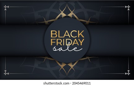 Dark blue black friday sale banner template with vintage gold ornament