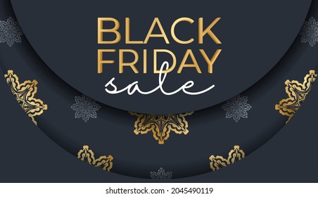 Dark blue black friday sale banner template with round gold ornament