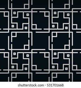 Dark blue, black geometric seamless pattern background in labyrinth style.