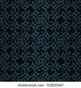 Dark blue, black geometric seamless pattern background in floral style.