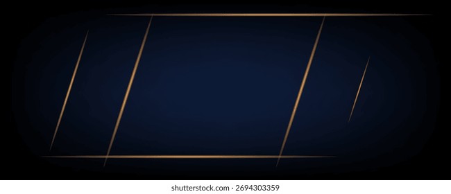 Fundo de gradiente azul escuro e preto com linhas geométricas douradas brilhantes formando um quadro moderno e luxuoso. Ideal para apresentações comerciais, marcas corporativas, eventos ou cenários digitais elegantes.
