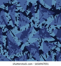 Dark blue and black paint splatter seamless pattern, abstract multicolor vector background. Colorful design wallpaper for textile, fabric, wrapping paper.