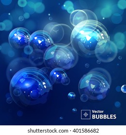 Dark blue blur background with bubbles. Holiday abstract background with bokeh. Vector illustration