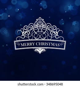 Dark blue blur background for christmas with snowflakes. Holiday abstract background with bokeh and text. Text Merry christmas and vintage decoration. Can be use for new year, christmas or night party