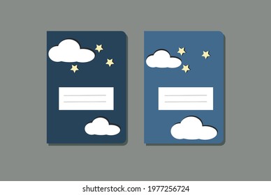 dark blue and blur notebook cover with white clouds, soft yellow stars and white rectangles, in deep grey background.