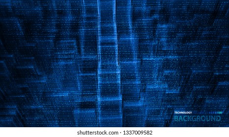 Dark blue blurred background with binary code in vector. Vertical number position blue color with light and shadow. Soft light and number opacity