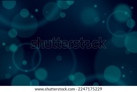Dark blue blurred bokeh light glowing backdrop. Green circles defocused night background. Blue shiny particles gradient illustration