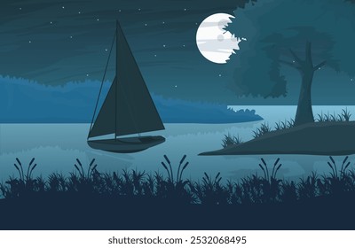 Barco azul escuro com vela na noite.  Rio isolado no fundo azul escuro, Moonlight paisagem ilustração vetor.