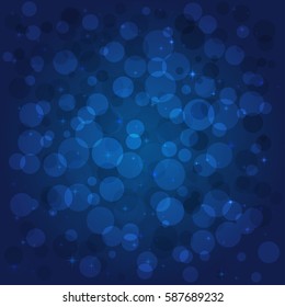 Dark blue bokeh background. Blurred abstract background with stars and circle lights. Abstract background with bokeh lights. Colorful vector illustration. Background for party/festival.