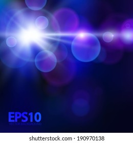 Dark blue bokeh background with flash. Vector illustration