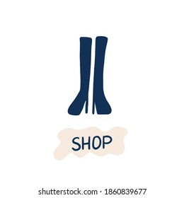 Dark blue boots isolated on white background. Shoe simple icon fashion sketch. Cartoon style. Hand drawn illustration. 