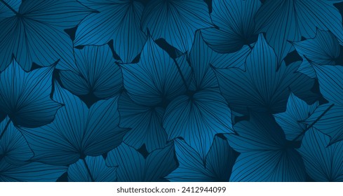 Dark blue botanical background with leaves. Mysterious blue background, wallpaper, poster, banner, postcard