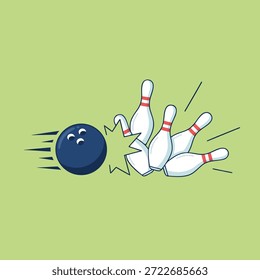 A dark blue bowling ball striking white pins, causing them to scatter. The background is a solid light green.