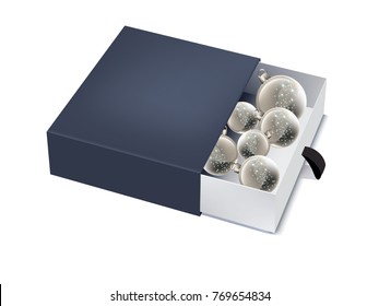 Dark blue box with silver baubles