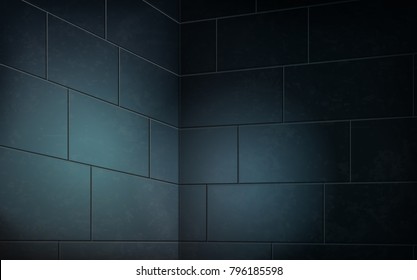 Dark blue brick wall, abstract interior scene for decoration in 3d illustration