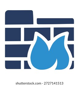 Dark blue brick wall with bright blue flame icon fire