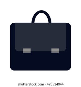 Dark blue briefcase icon in flat. Leather briefcase with handle and clasps. Businessman accessory. Business design element. Isolated vector illustration on white background.