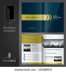 Dark Blue Brochure Template Design With Golden Arrows. EPS 10