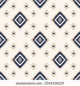 Dark blue and brown Navajo tribal vector seamless pattern. Native American ornament. Ethnic Southwest decor style. Boho geometric ornament. Mexican blanket, rug. Woven carpet illustration.