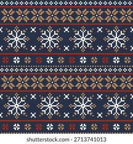 Dunkelblau und braun Pixel Art Weihnachten Strick Schneeflocke nahtloses Muster Vektor Illustration