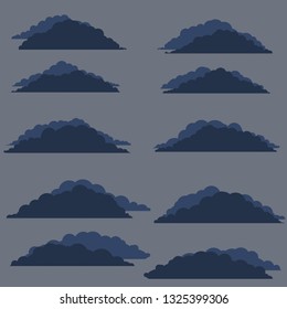 Dark blue bubble clouds from the sky. Bad rainy autumn weather. Set of nature Element of different shape and weather conditions. Cartoon flat illustration