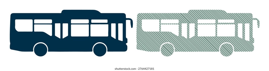 Dark blue bus and green outline bus side by side, transportation, isolated on white.