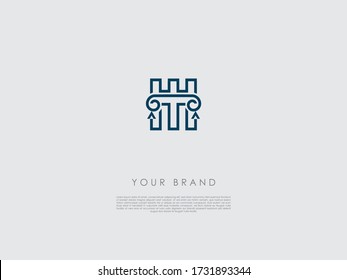 a dark blue business logo that have an ancient column, letter t and h and a piece of a wall of a castle at the background